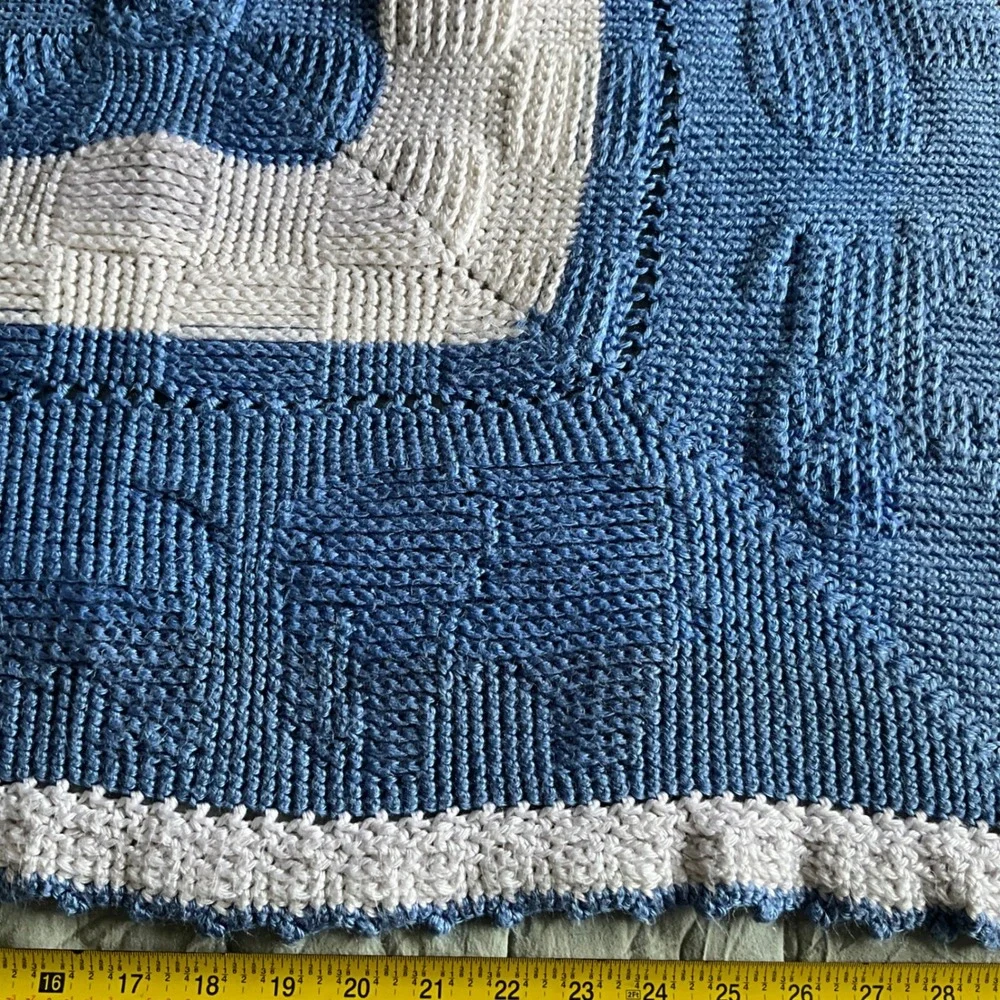 Blue Elephant Baby Blanket Knit Handmade Nursery Decor 31x31‎ Square
